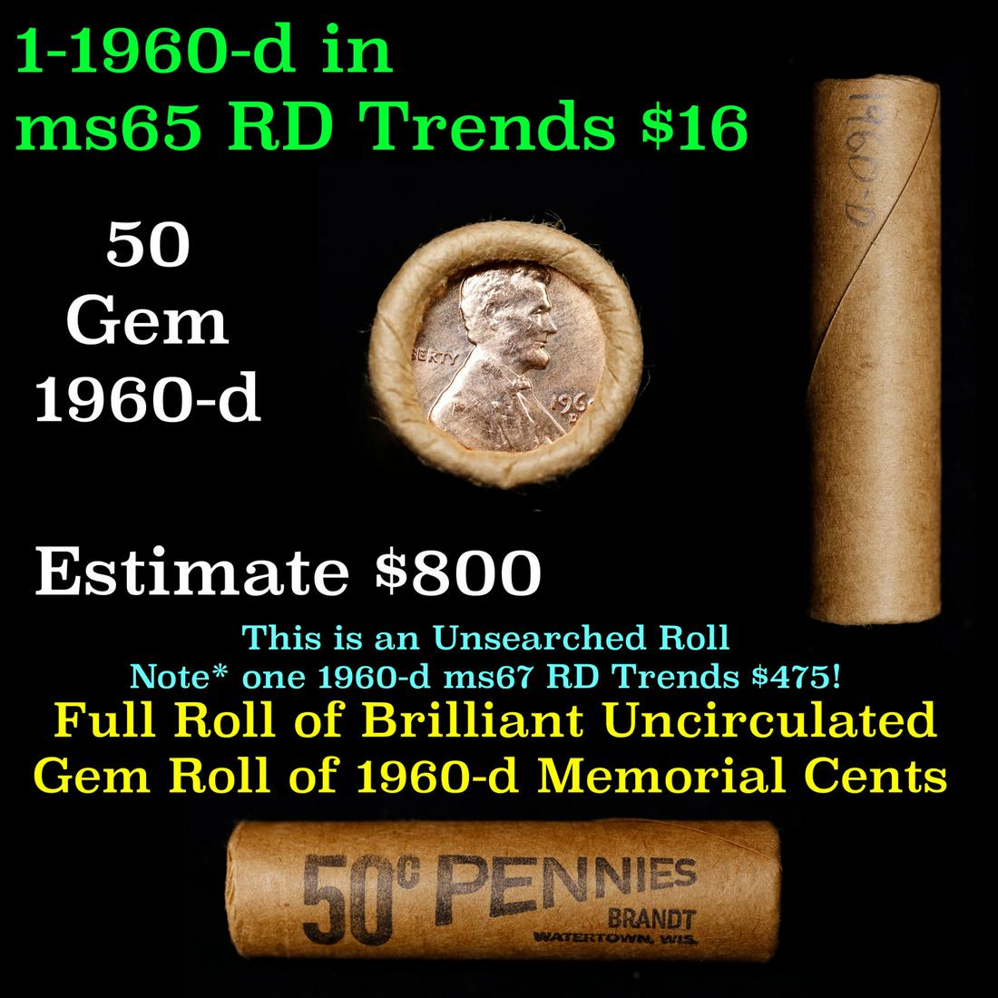Shotgun Lincoln 1c roll, 1960-d 50 pcs Brandt Wrapper.: Shotgun Lincoln 1c roll, 1960-d 50 pcs Brandt Wrapper.. A terrific Shotgun roll of Lincoln cents. Most if not all coin should be cherry red.
