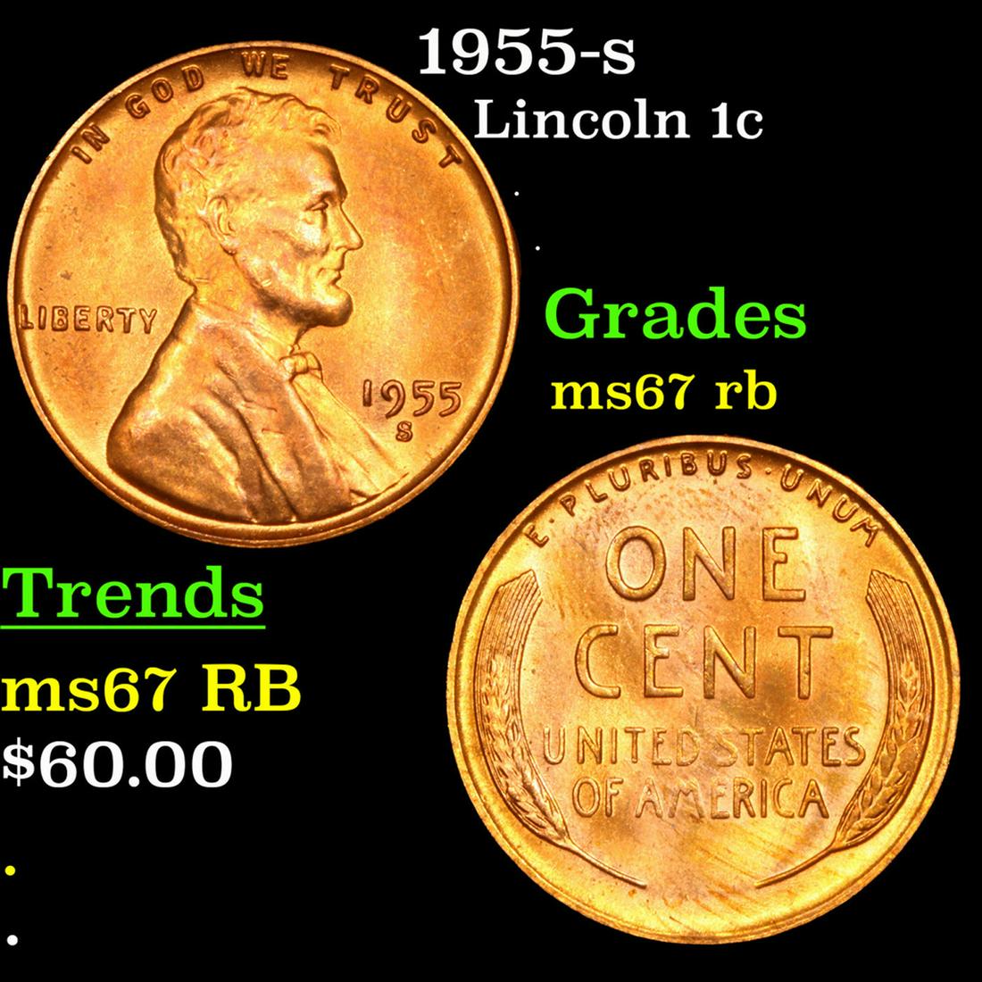 1955-s Lincoln Cent 1c Grades GEM++ Unc RB (1 of 3)