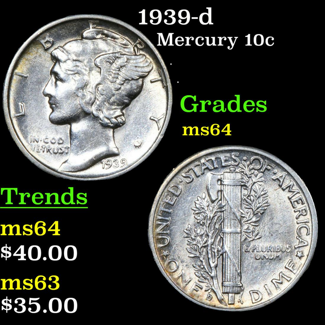 1939-d Mercury Dime 10c Grades Choice Unc (1 of 3)