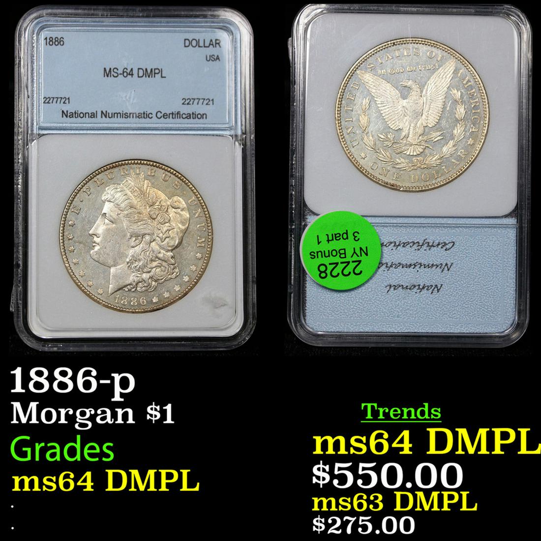 1886-p Morgan Dollar $1 Graded ms64 DMPL By NNC (1 of 3)