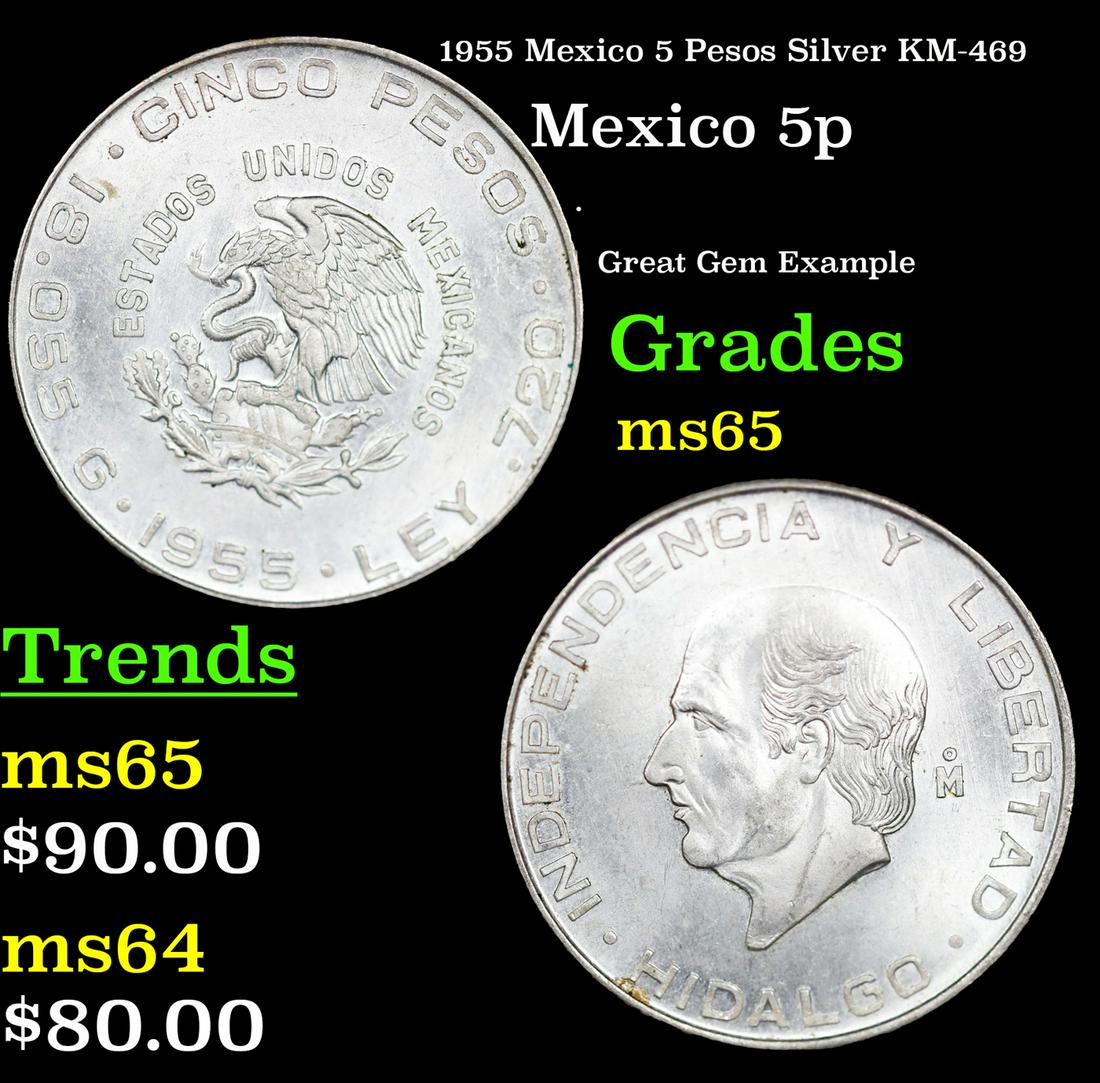 1955 Mexico 5 Pesos Silver KM-469 Grades GEM Unc (1 of 3)