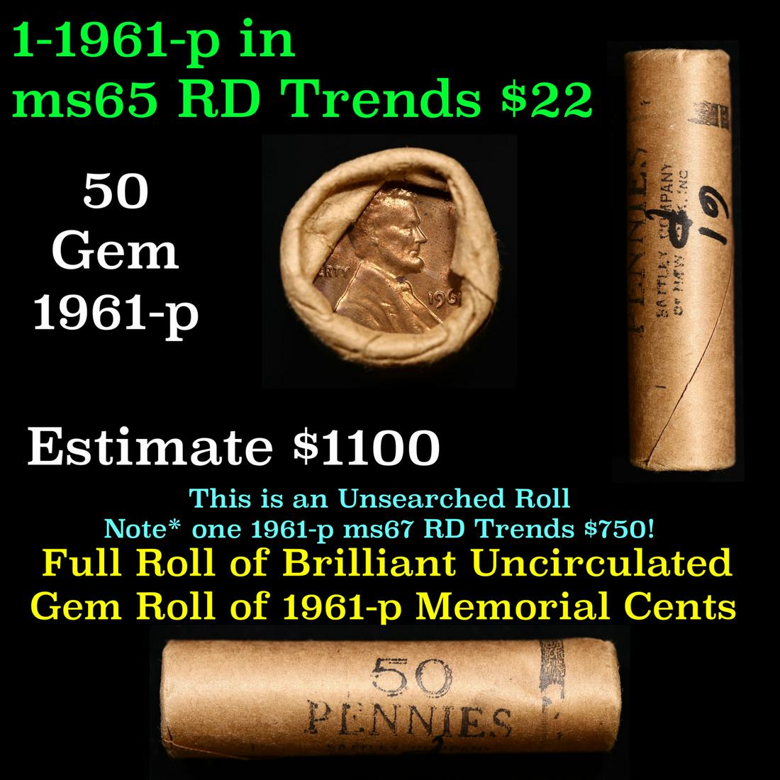 Shotgun Lincoln 1c roll, 1961-p 50 pcs Brandt Wrapper.: Shotgun Lincoln 1c roll, 1961-p 50 pcs Brandt Wrapper.. A terrific Shotgun roll of Lincoln cents. Most if not all coin should be cherry red.