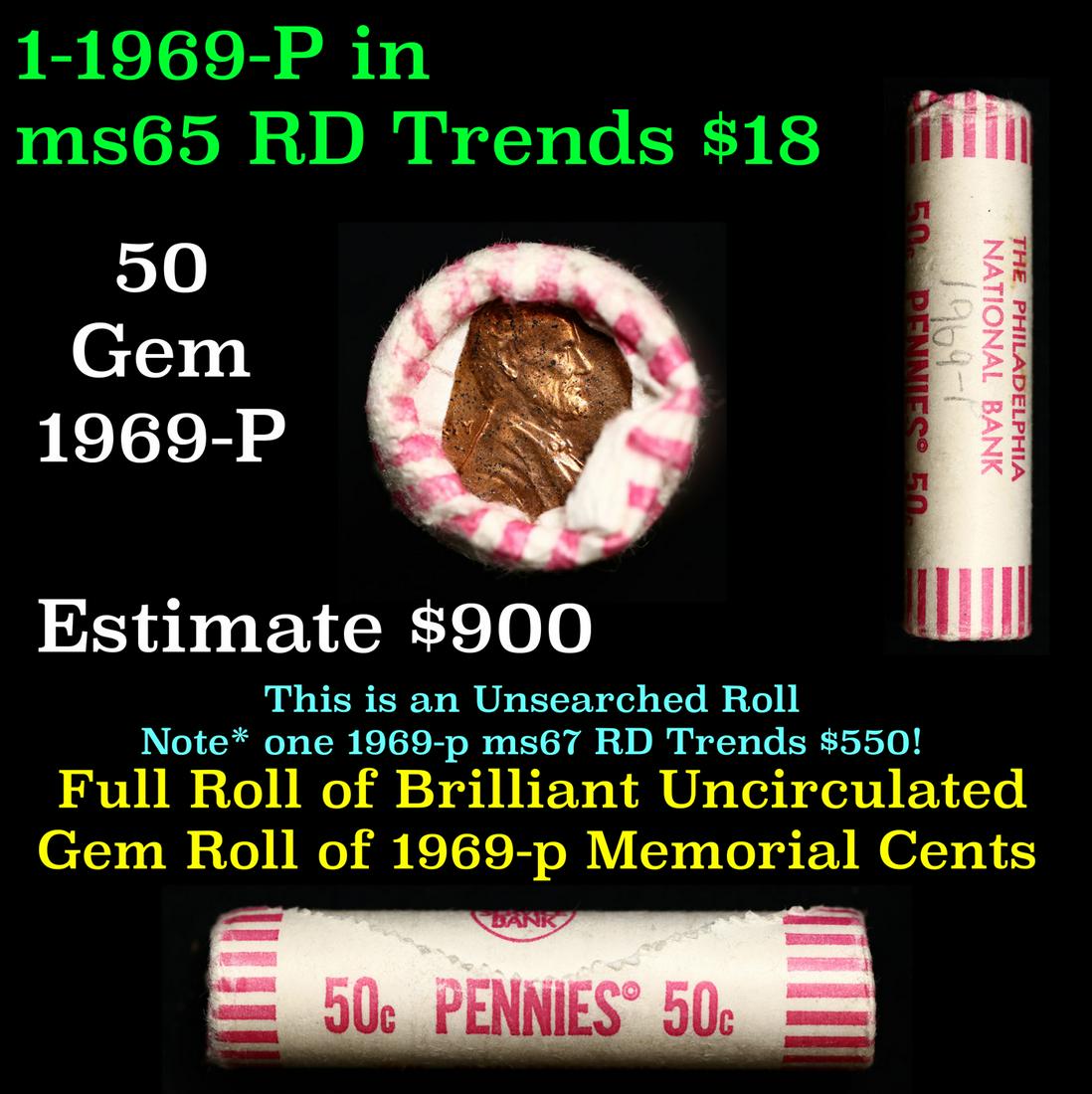 Shotgun Lincoln 1c roll, 1969-p 50 pcs Philadelphia National Bank Wrapper.: Shotgun Lincoln 1c roll, 1969-p 50 pcs Philadelphia National Bank Wrapper.. A terrific Shotgun roll of Lincoln cents. Most if not all coin should be cherry red.