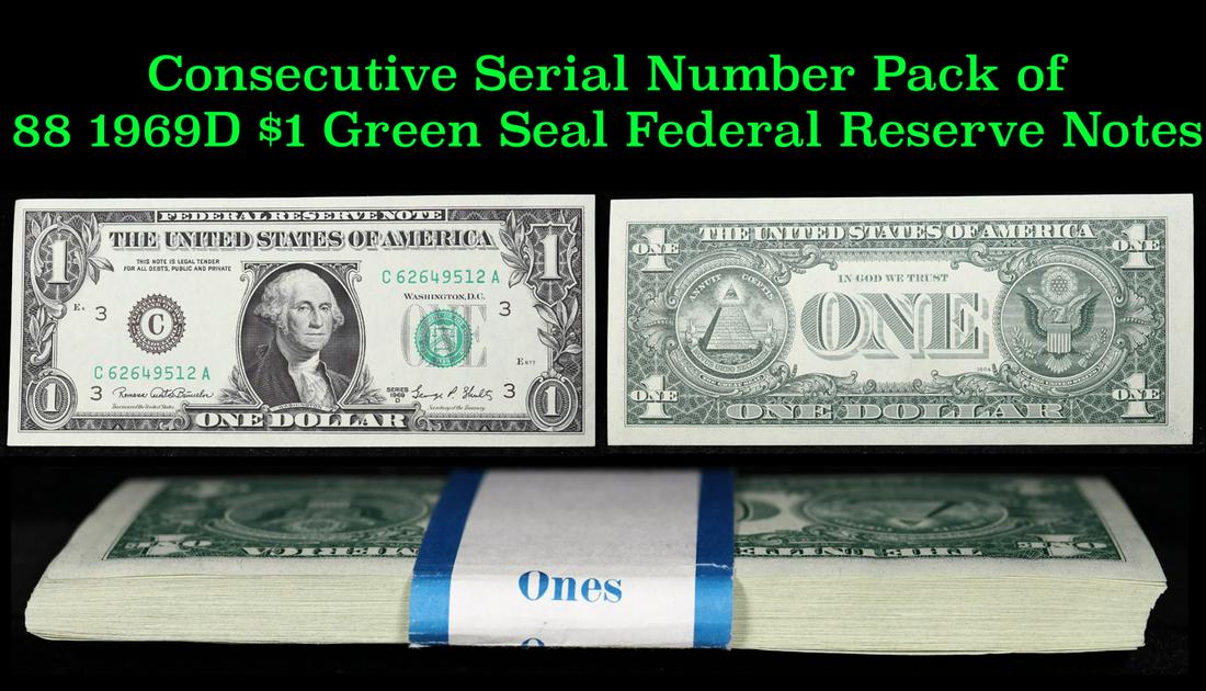 Consecutive Serial Number Pack of 88 1969D $1 Green Seal Federal Reserve Notes Grades ng (1 of 4)