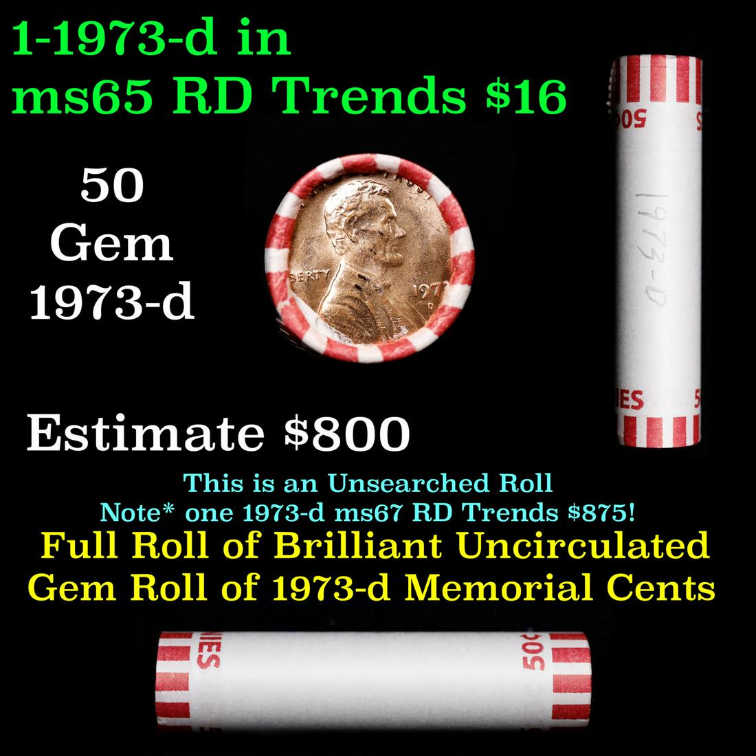 Shotgun Lincoln 1c roll, 1973-d 50 pcs Wrapper: Shotgun Lincoln 1c roll, 1973-d 50 pcs Wrapper . A terrific Shotgun roll of Lincoln cents. All coins appear to be cherry red. Trends ms65 rd $16