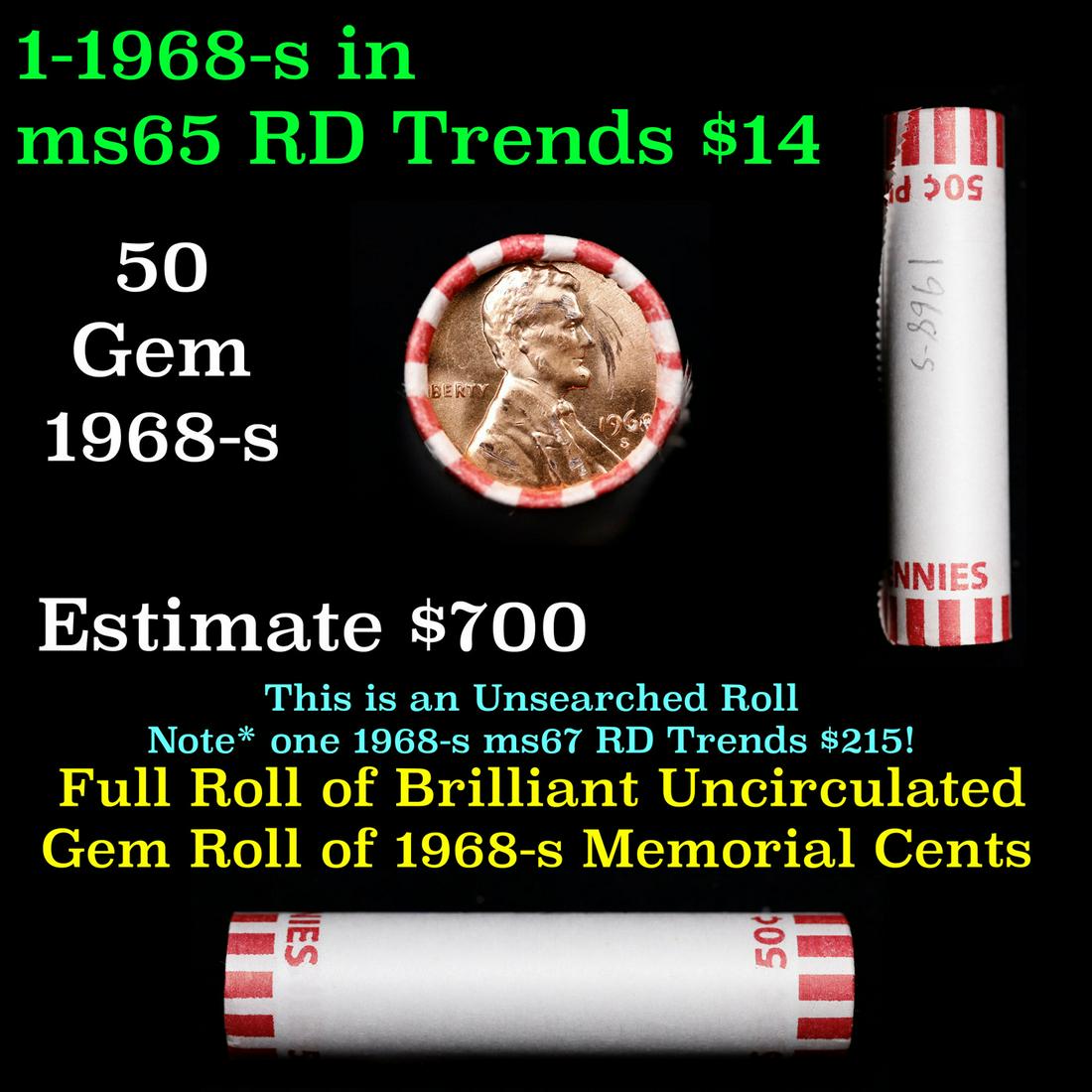 Shotgun Lincoln 1c roll, 1968-s 50 pcs Wrapper: Shotgun Lincoln 1c roll, 1968-s 50 pcs Wrapper . A terrific Shotgun roll of Lincoln cents. All coins appear to be cherry red. Trends ms65 rd $14