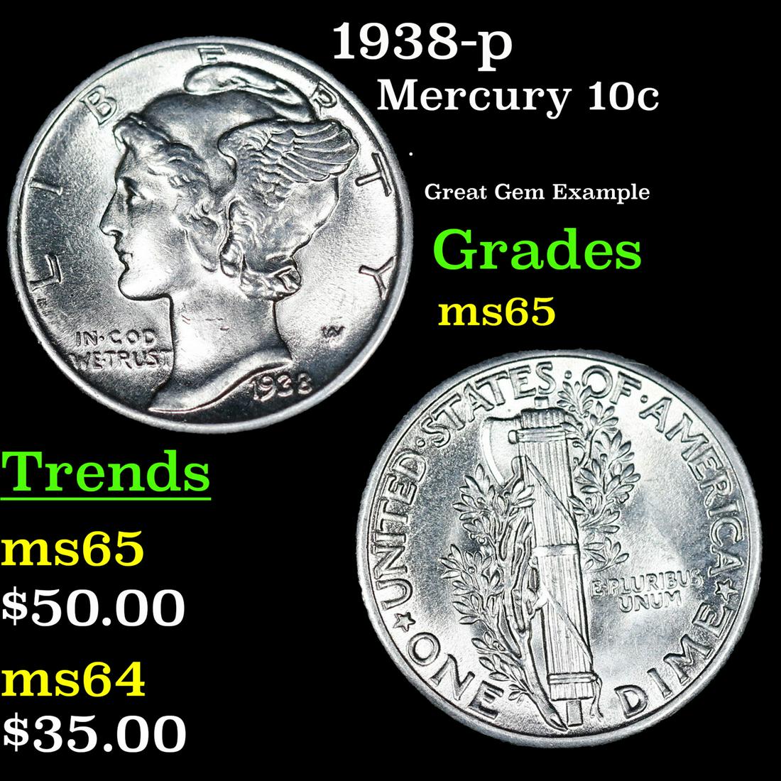 1938-p Mercury Dime 10c Grades GEM Unc (1 of 3)