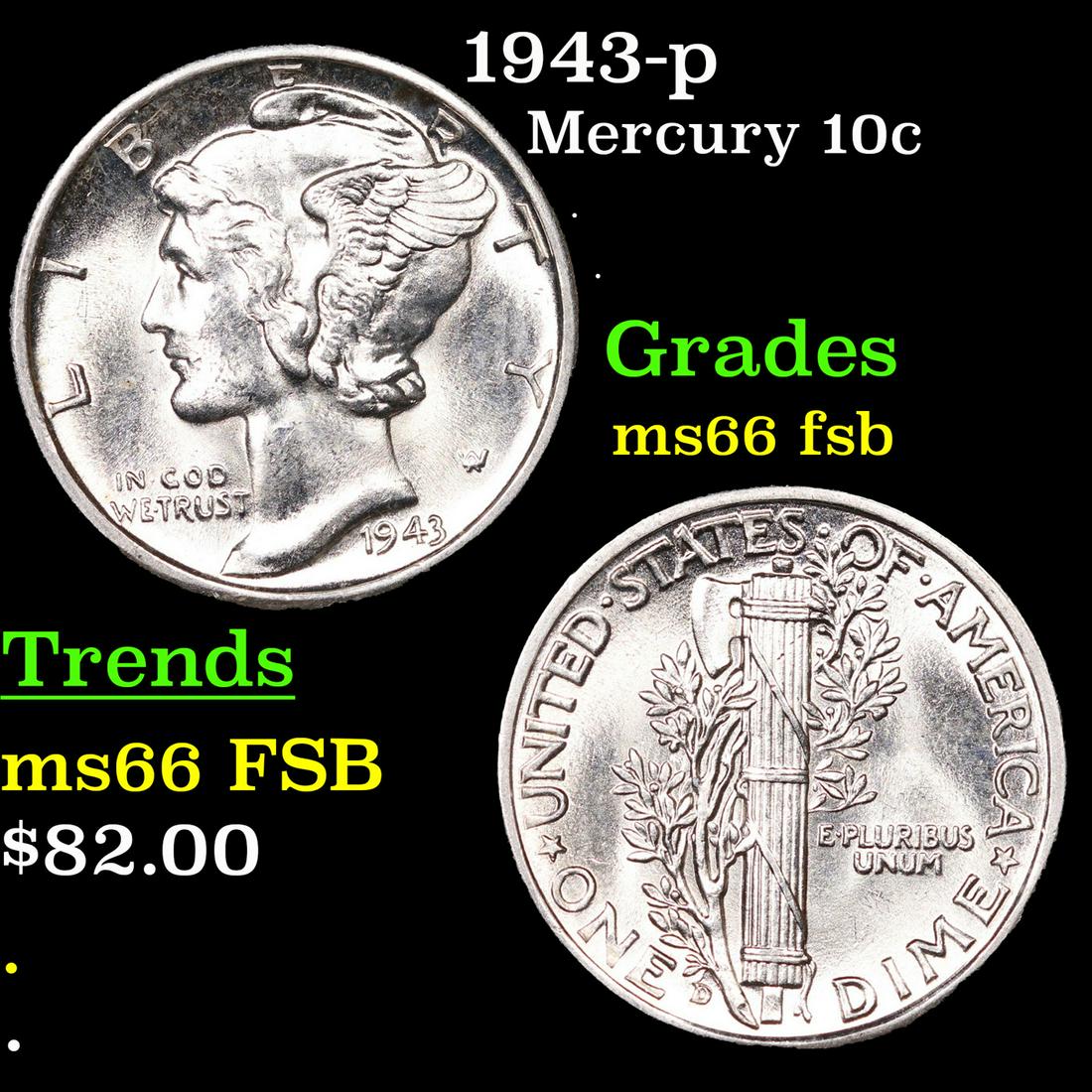 1943-d Mercury Dime 10c Grades GEM+ FSB: 1943-d Mercury Dime 10c Grades GEM+ FSB