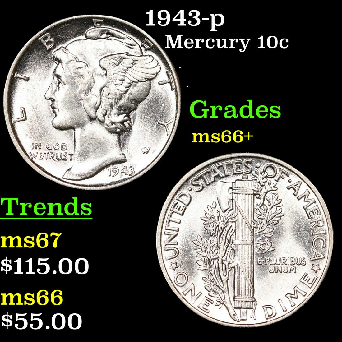 1943-p Mercury Dime 10c Grades GEM++ Unc (1 of 3)