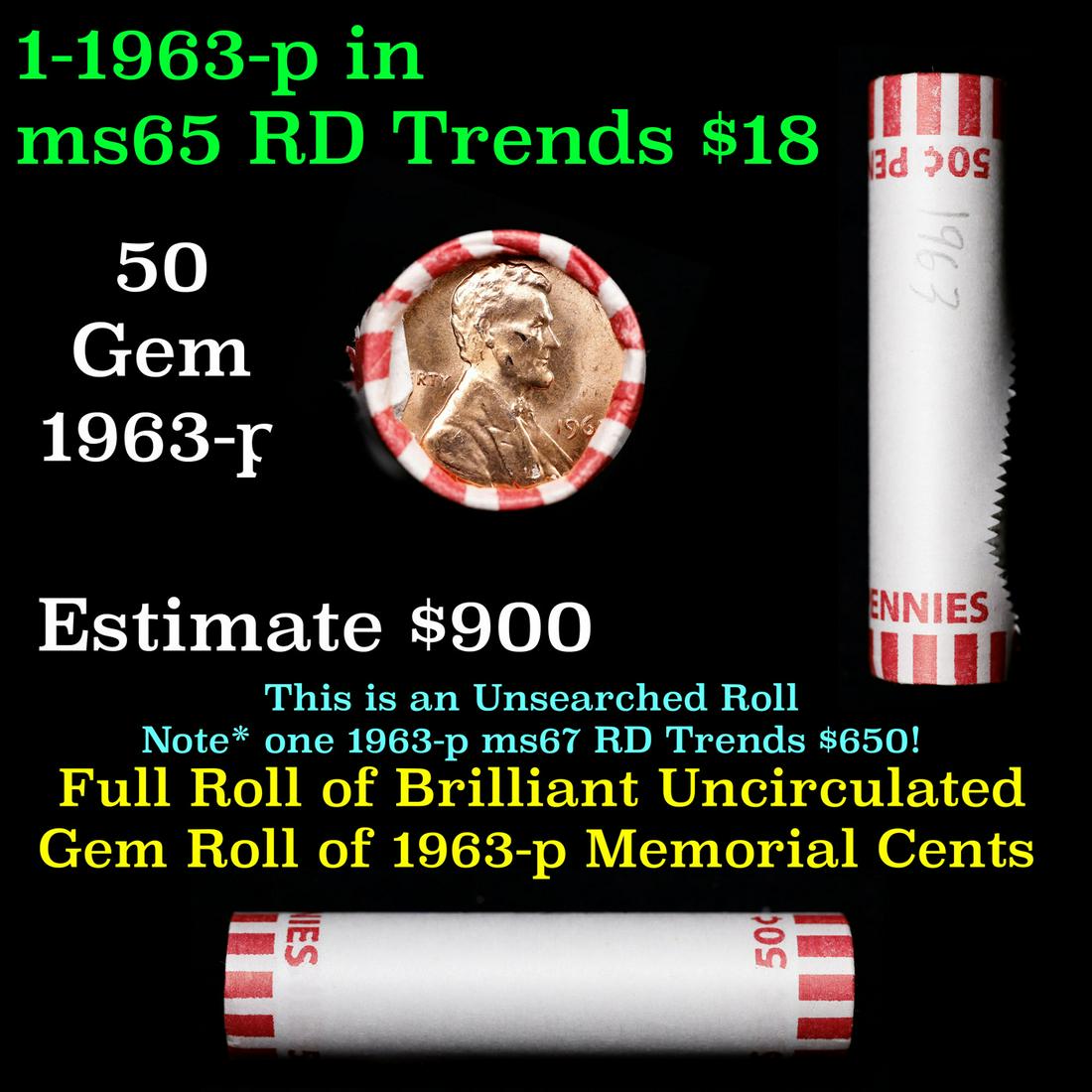 Shotgun Lincoln 1c roll, 1963-p 50 pcs Wrapper: Shotgun Lincoln 1c roll, 1963-p 50 pcs Wrapper . A terrific Shotgun roll of Lincoln cents. All coins appear to be cherry red. Trends ms65 rd $16