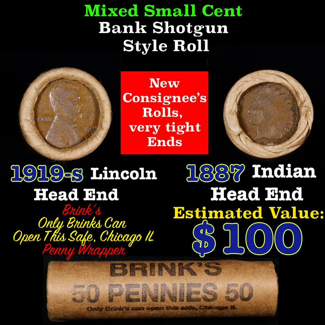 Mixed small cents 1c orig shotgun roll, 1919-S Wheat Cent, 1887 Indian Cent other end, Brinks (1 of 3)