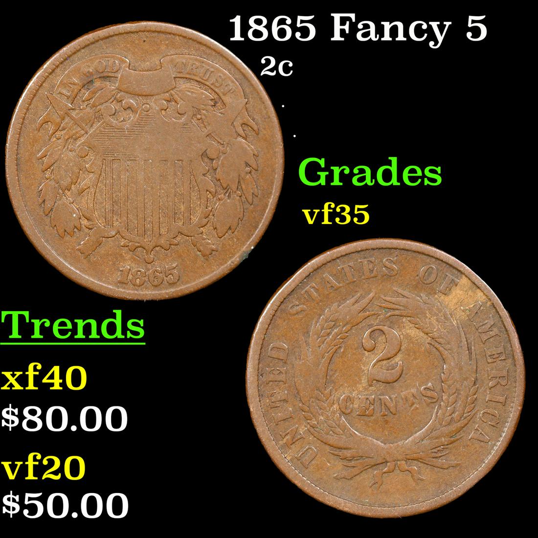 1865 Fancy 5 Two Cent Piece 2c Grades vf++ (1 of 3)