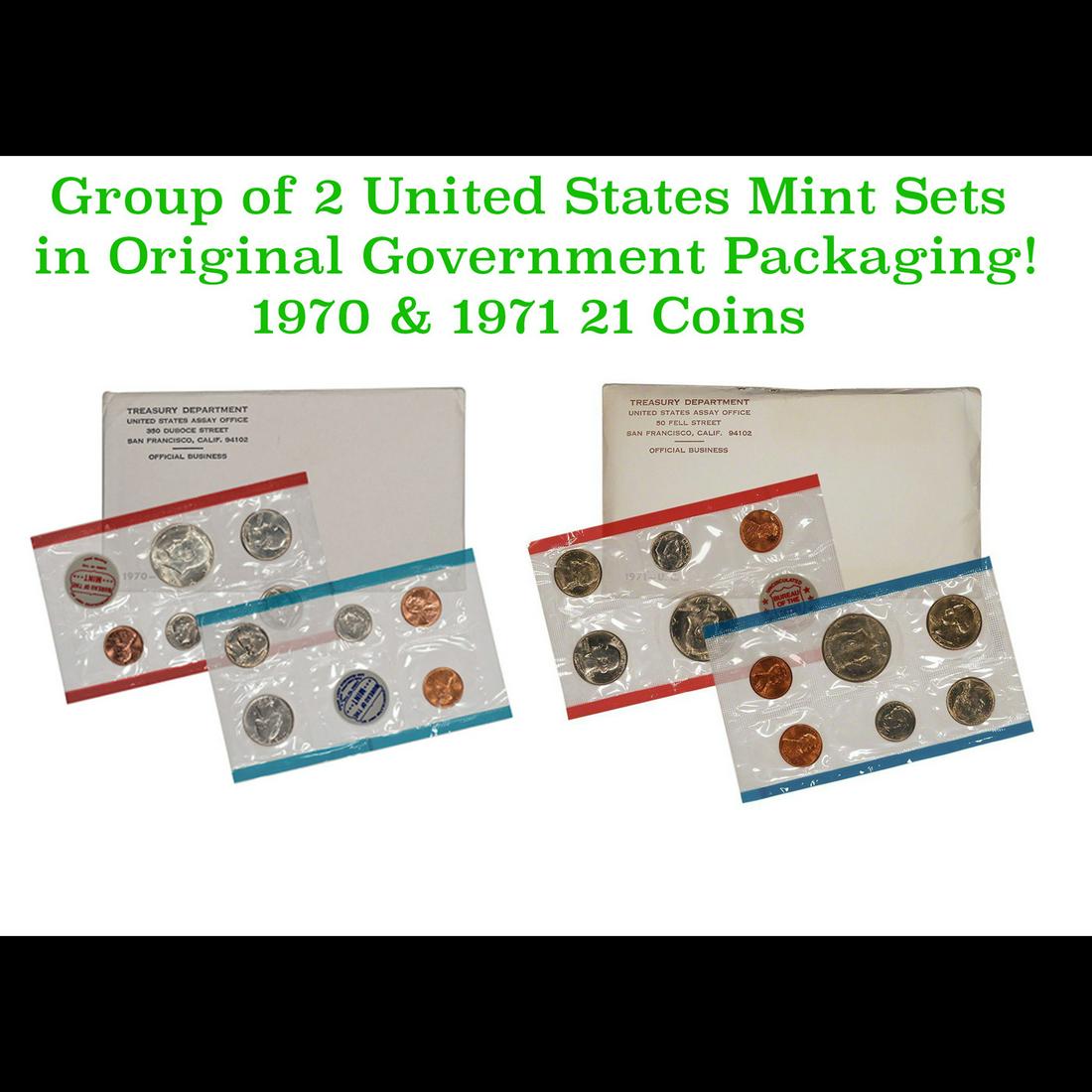 Group of 2 United States Mint Proof Sets 1970-1971. Containd 1970 Kennedy Half Dollar was struck in (1 of 3)