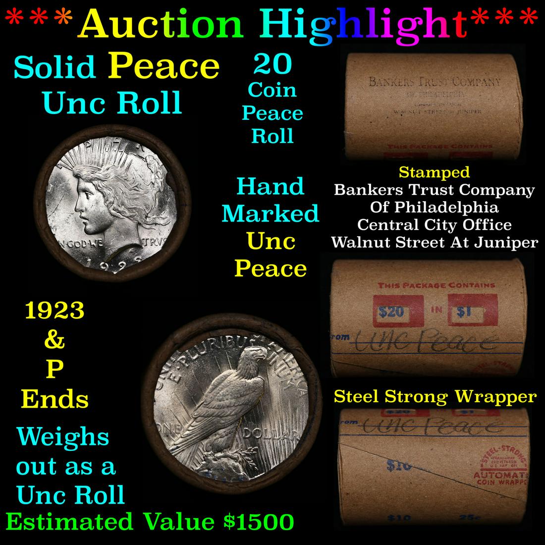 ***Auction Highlight*** Solid Uncirculated Peace silver dollar roll 1923 & P Ends, 20 coins (fc) (1 of 6)