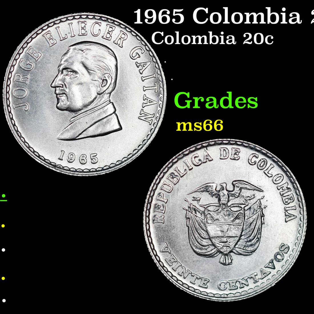 1965 Colombia 20 Centavos KM-224 Grades GEM+ Unc (1 of 3)