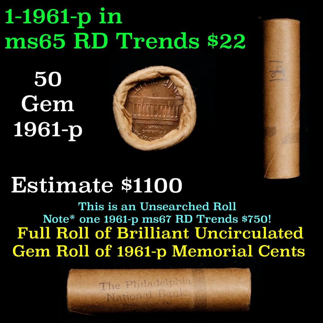 Shotgun Lincoln 1c roll, National Bank Wrapper 1961-p 50 pcs: Shotgun Lincoln 1c roll, National Bank Wrapper 1961-p 50 pcs. A terrific Shotgun roll of Lincoln cents. All coins cherry red. Trends ms65 rd $14