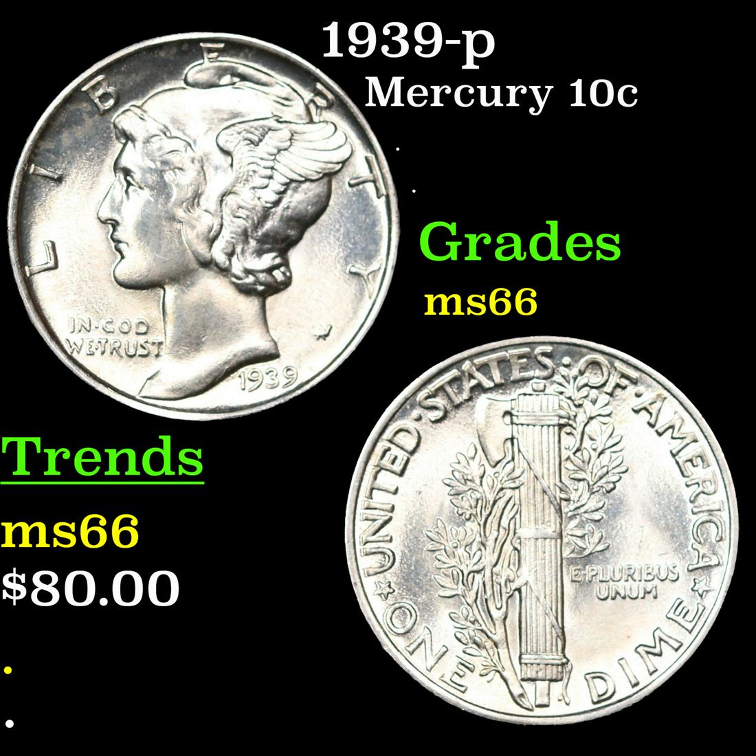 1939-p Mercury Dime 10c Grades GEM+ Unc (1 of 3)