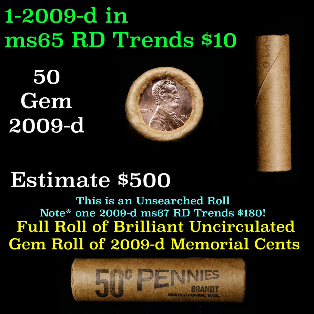 Shotgun Lincoln 1c roll, Brandt Wrapper 2009-d 50 pcs: Shotgun Lincoln 1c roll, Brandt Wrapper 2009-d 50 pcs . A terrific Shotgun roll of Lincoln cents. All coins cherry red. Trends ms65 rd $20