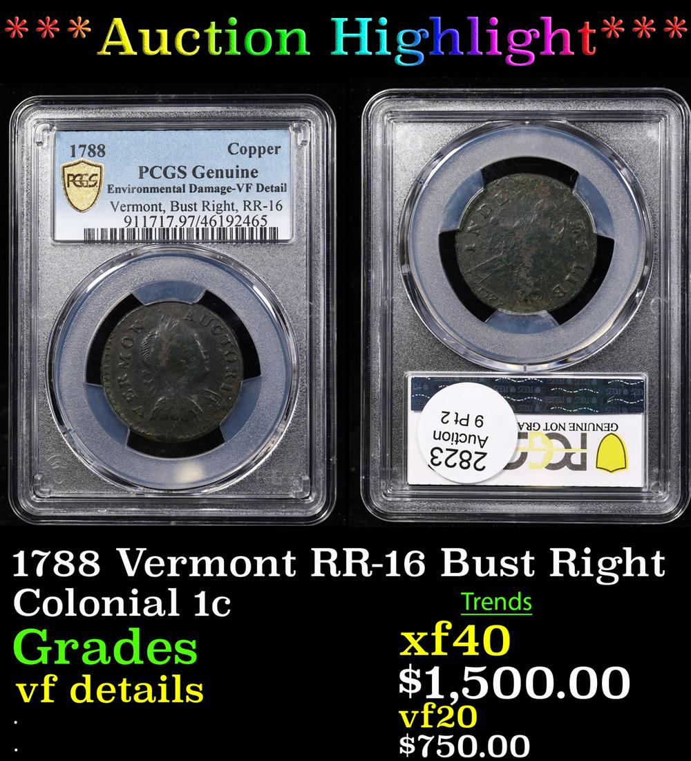 ***Auction Highlight*** PCGS 1788 Vermont RR-16 Bust Right Colonial Cent 1c Graded vf details By (1 of 3)