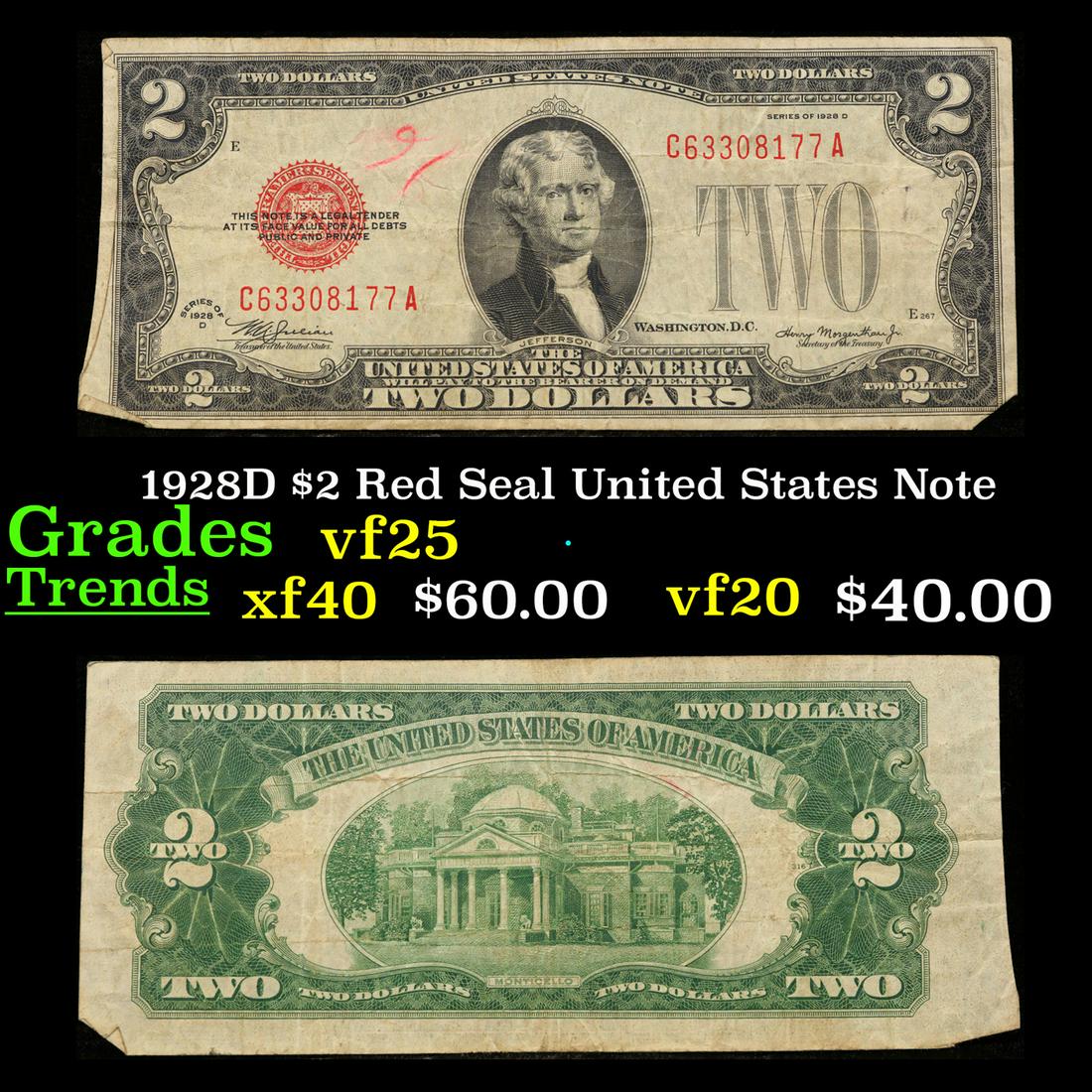 1928D $2 Red Seal United States Note Grades vf+ (1 of 3)