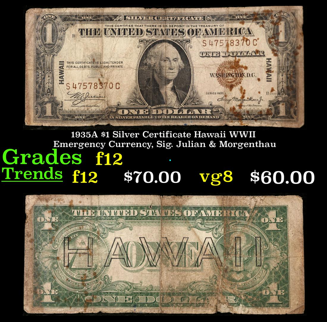 1935A $1 Silver Certificate Hawaii WWII Emergency Currency, Sig. Julian & Morgenthau Grades f, fine: 1935A $1 Silver Certificate Hawaii WWII Emergency Currency, Sig. Julian & Morgenthau Grades f, fine. The $1 Hawaii Note Came in 7 Blocks the SC Block Which is the most common, The LC, PC, CC, and YB B