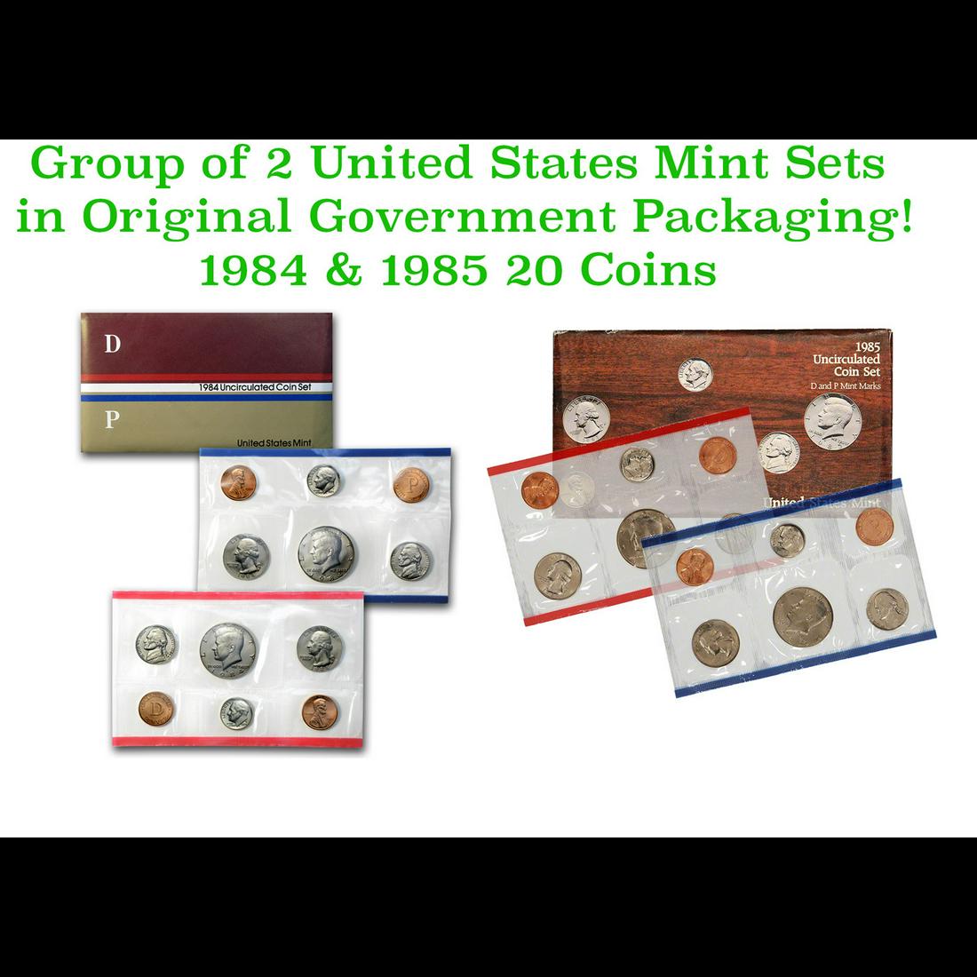 Group of 2 United States Mint Proof Sets 1984-1985 10 coins: Group of 2 United States Mint Proof Sets 1984-1985 10 coins. Group of 2 United States Proof Sets 1984-1985 10 coins. Each Set contains 5 coins, the Kennedy Half, Washington Quarter, Roosevelt Dime, Je