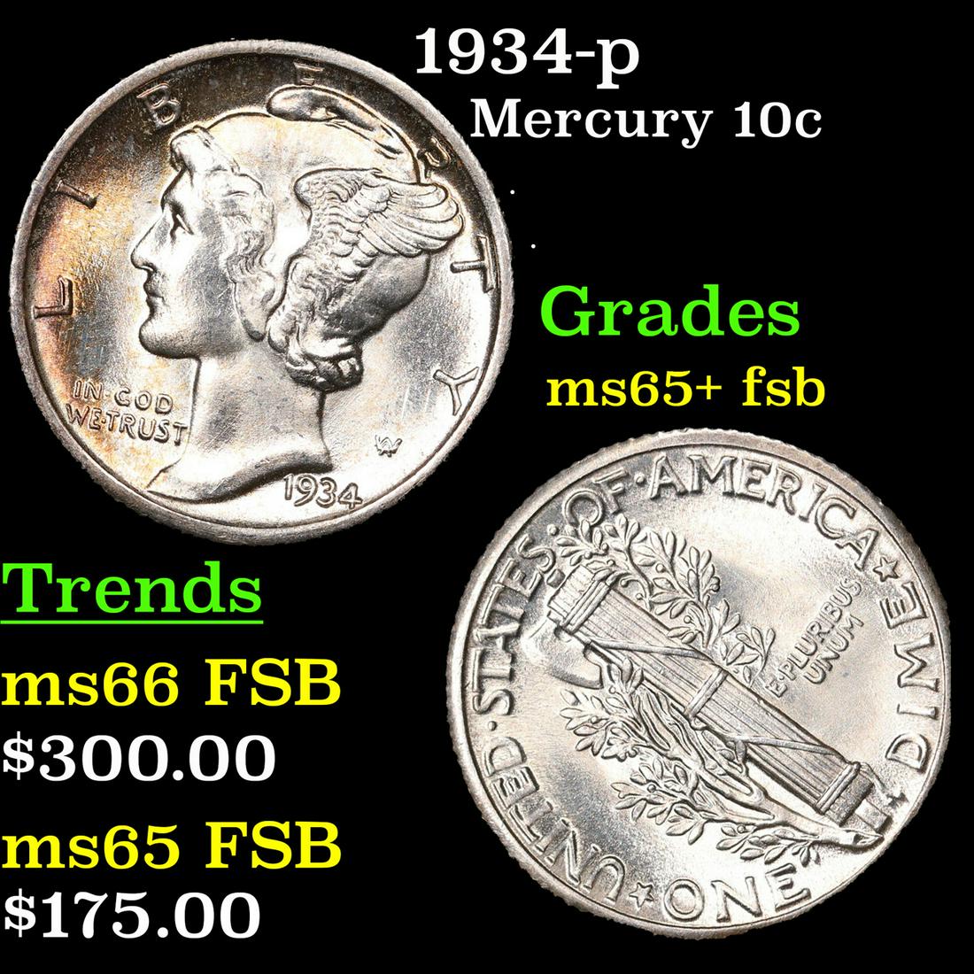 1934-p Mercury Dime 10c Grades GEM+ FSB (1 of 3)