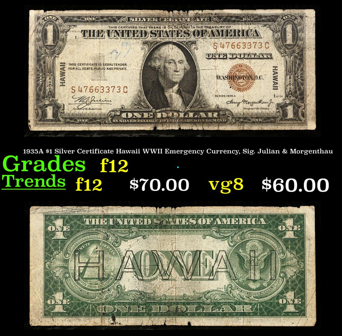 1935A $1 Silver Certificate Hawaii WWII Emergency Currency, Sig. Julian & Morgenthau Grades f, fine: 1935A $1 Silver Certificate Hawaii WWII Emergency Currency, Sig. Julian & Morgenthau Grades f, fine. The $1 Hawaii Note Came in 7 Blocks the SC Block Which is the most common, The LC, PC, CC, and YB B