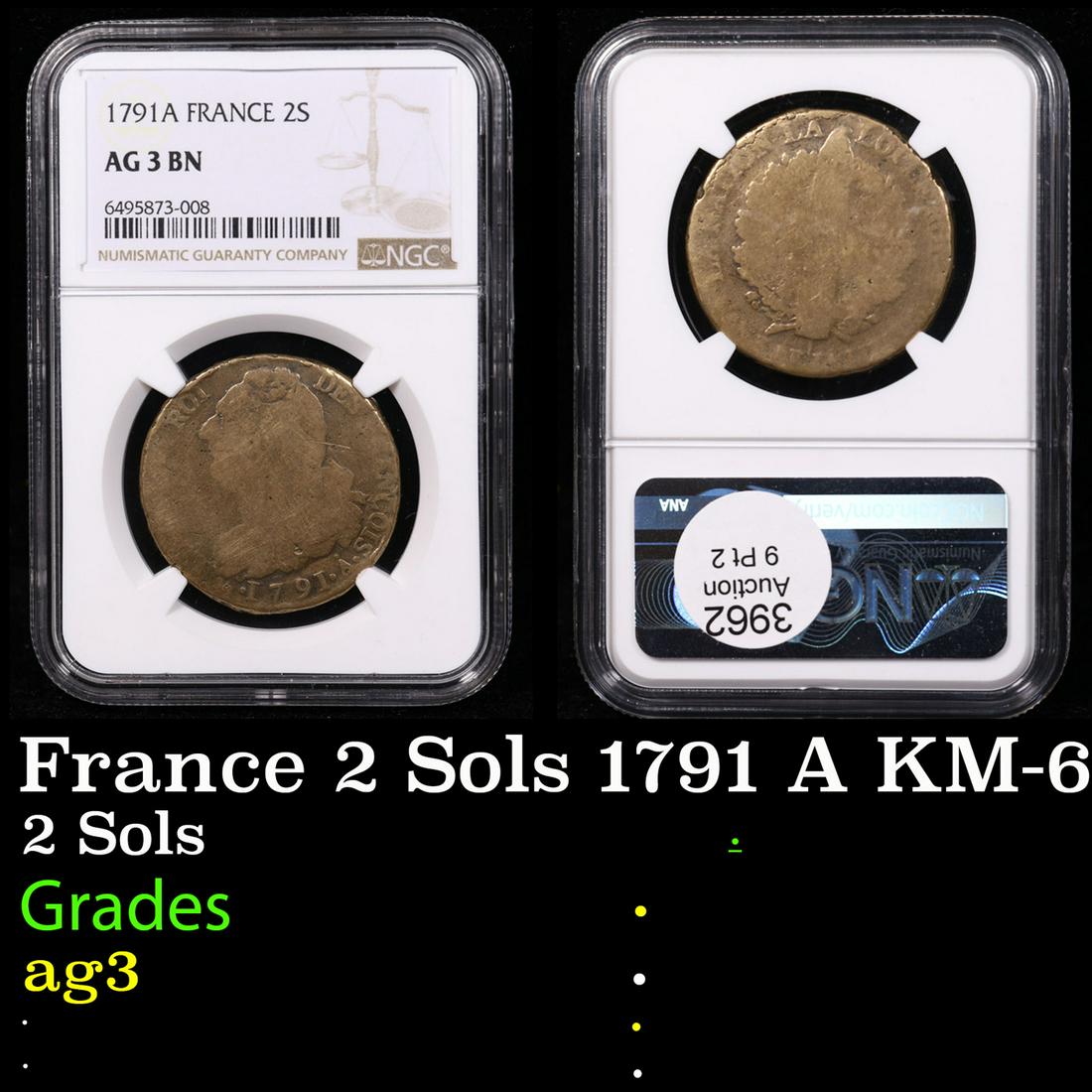 NGC France 2 Sols 1791 A KM-603.1 Paris 2S LOUIS XVI Revolution Graded ag3 By NGC (1 of 3)