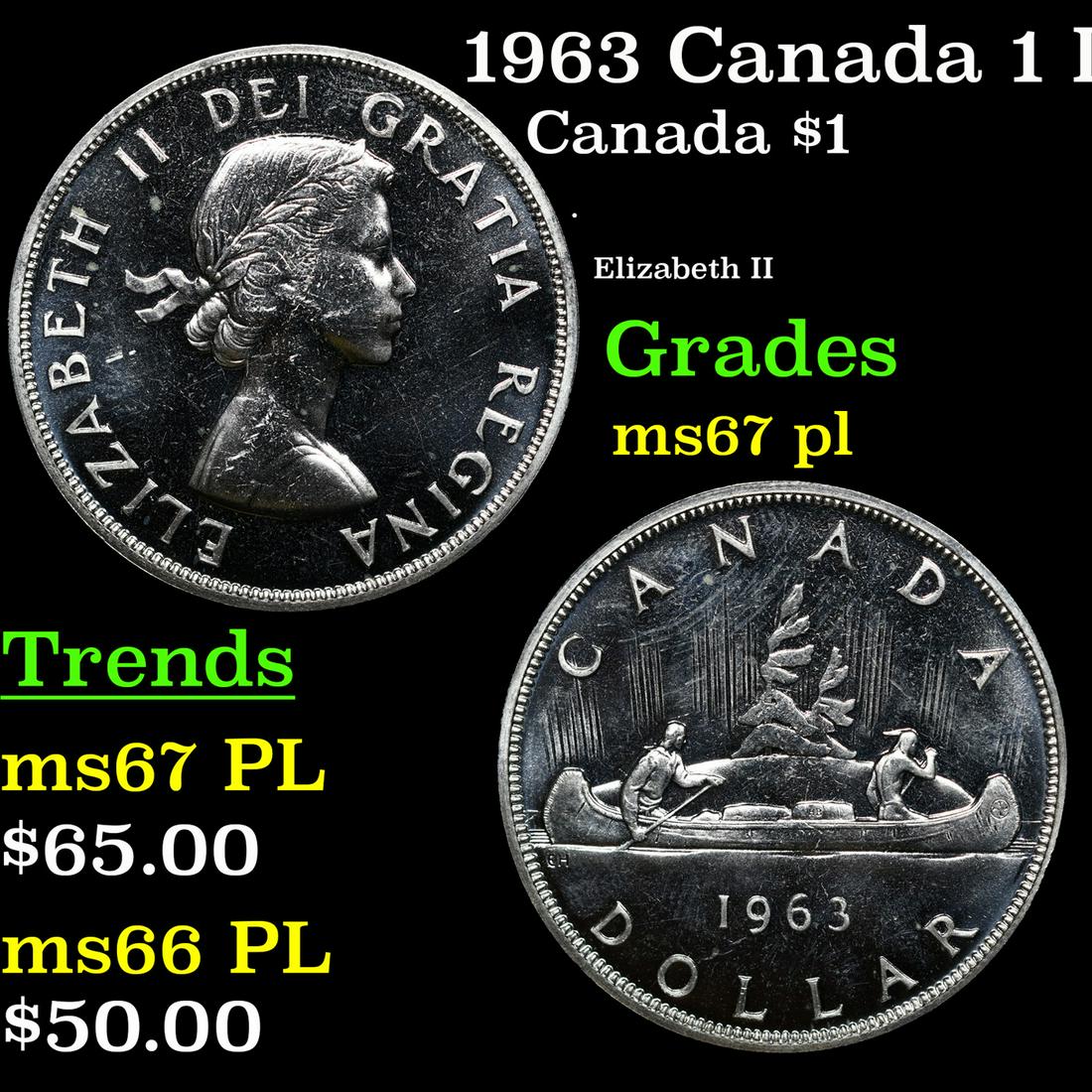 1963 Canada 1 Dollar Silver Canada Dollar KM-54 $1 Grades GEM++ PL: 1963 Canada 1 Dollar Silver KM-54 Canada Dollar $1 Grades GEM++ PL.