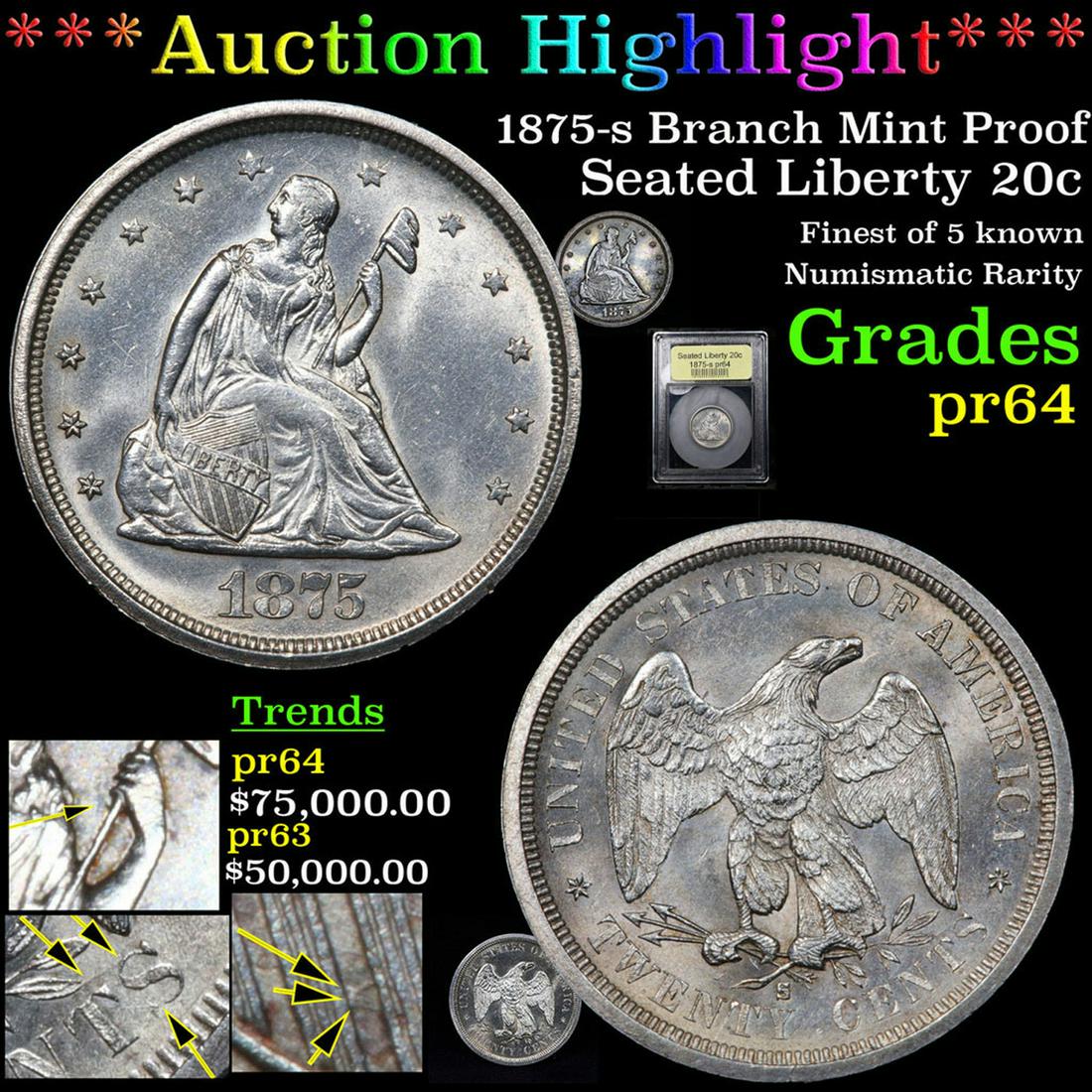 Proof ***Auction Highlight*** 1875-s Twenty Cent Piece Branch Mint Proof 20c Graded Choice Proof By (1 of 12)