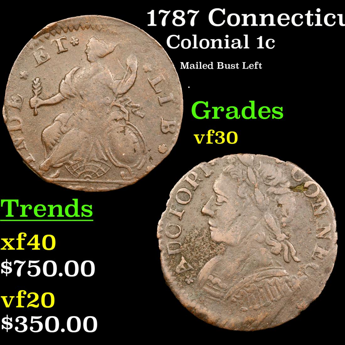 1787 Connecticut Colonial Cent 1c Graded vf30 BY SEGS (1 of 3)