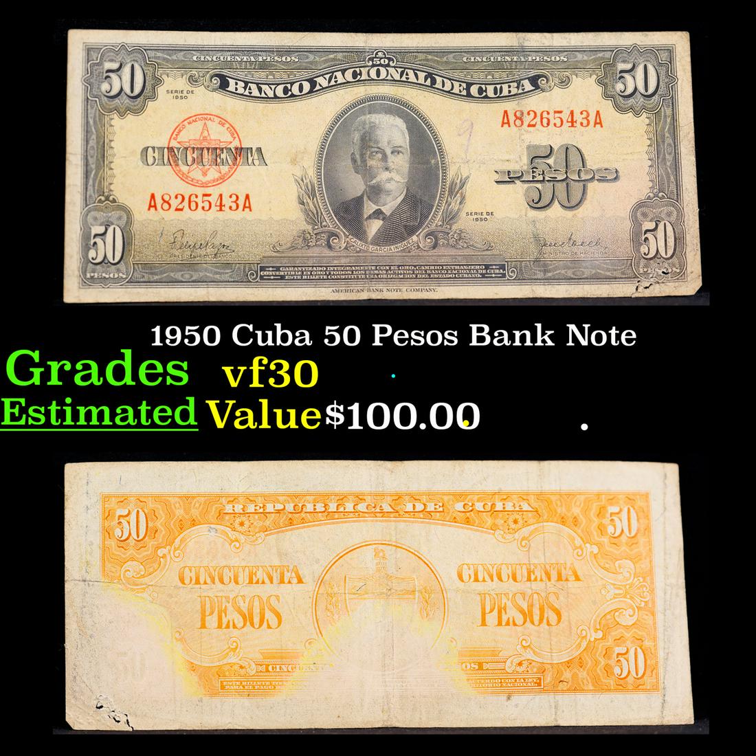 1950 Cuba 50 Pesos Bank Note Grades vf++: 1950 Cuba 50 Pesos Bank Note Grades vf++.