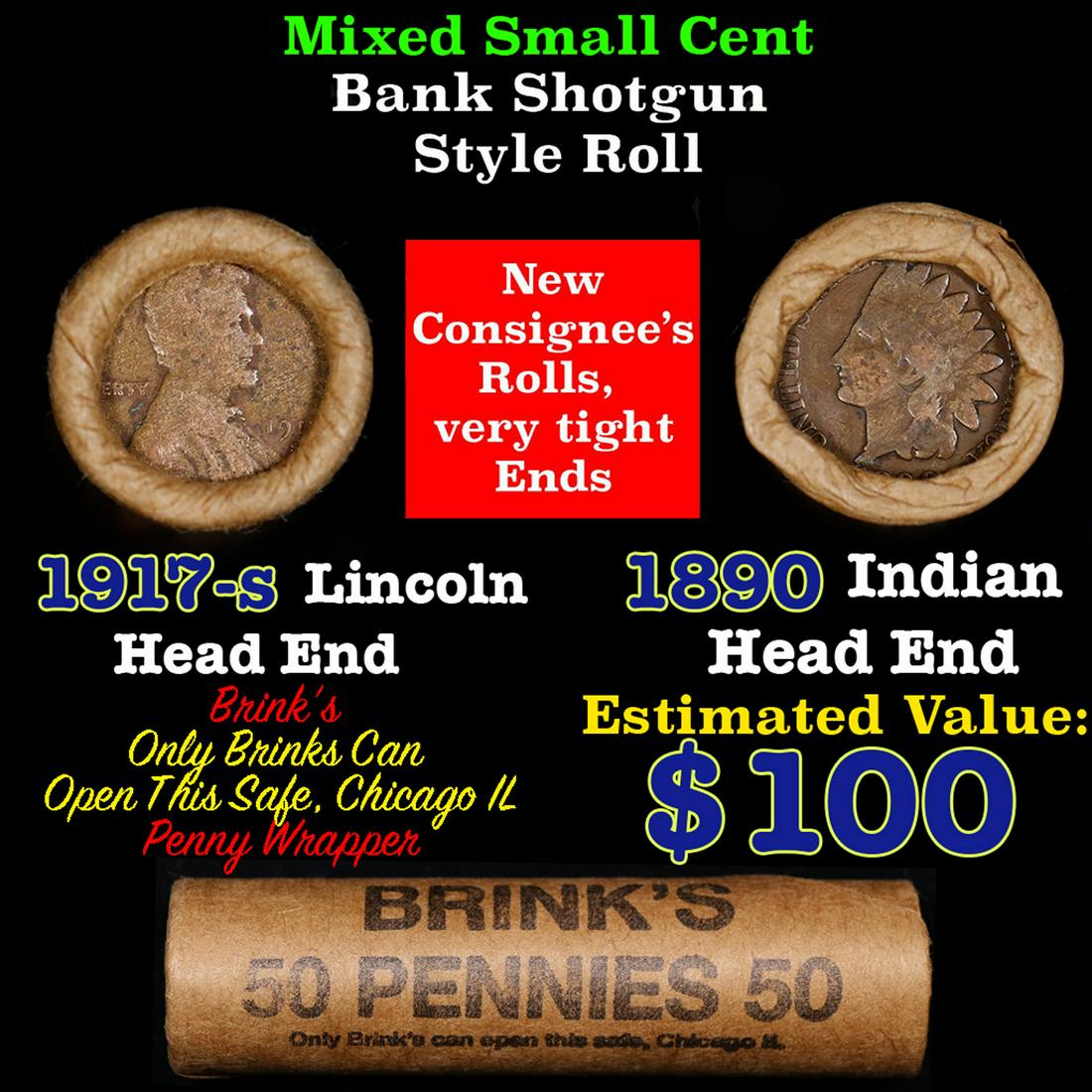 Mixed small cents 1c orig shotgun roll, 1917-s Wheat Cent, 1890 Indian Cent other end, Brinks (1 of 3)