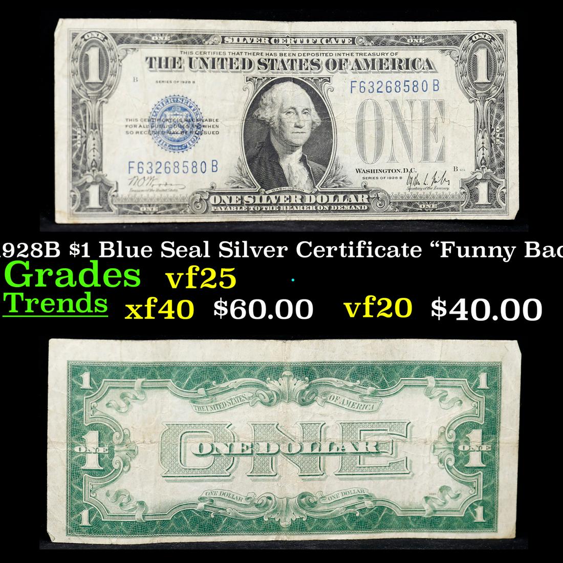 1928B $1 Blue Seal Silver Certificate "Funny Back" Grades vf+ (1 of 3)