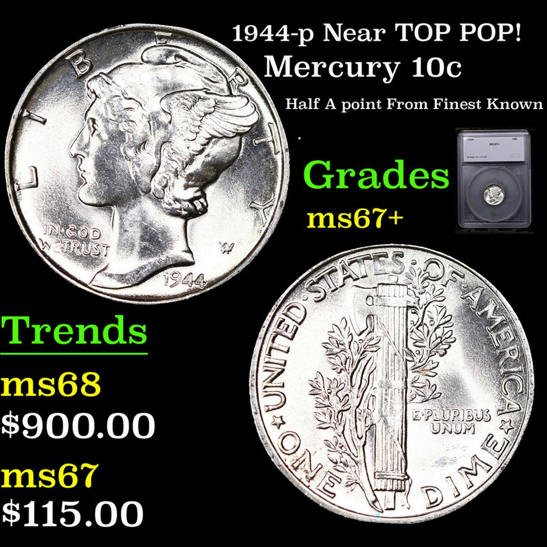 1944-p Mercury Dime Near TOP POP! 10c Graded ms67+ BY SEGS (1 of 5)