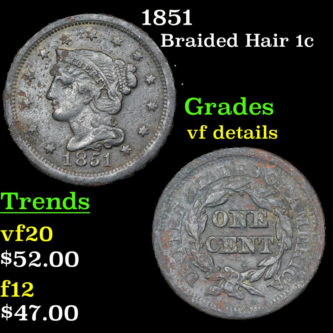 1851 Braided Hair Large Cent 1c Grades vf details (1 of 3)