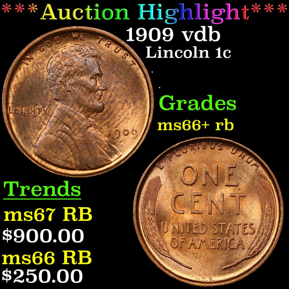 ***Auction Highlight*** 1909 vdb Lincoln Cent 1c Graded ms66+ rb By SEGS (fc) (1 of 3)
