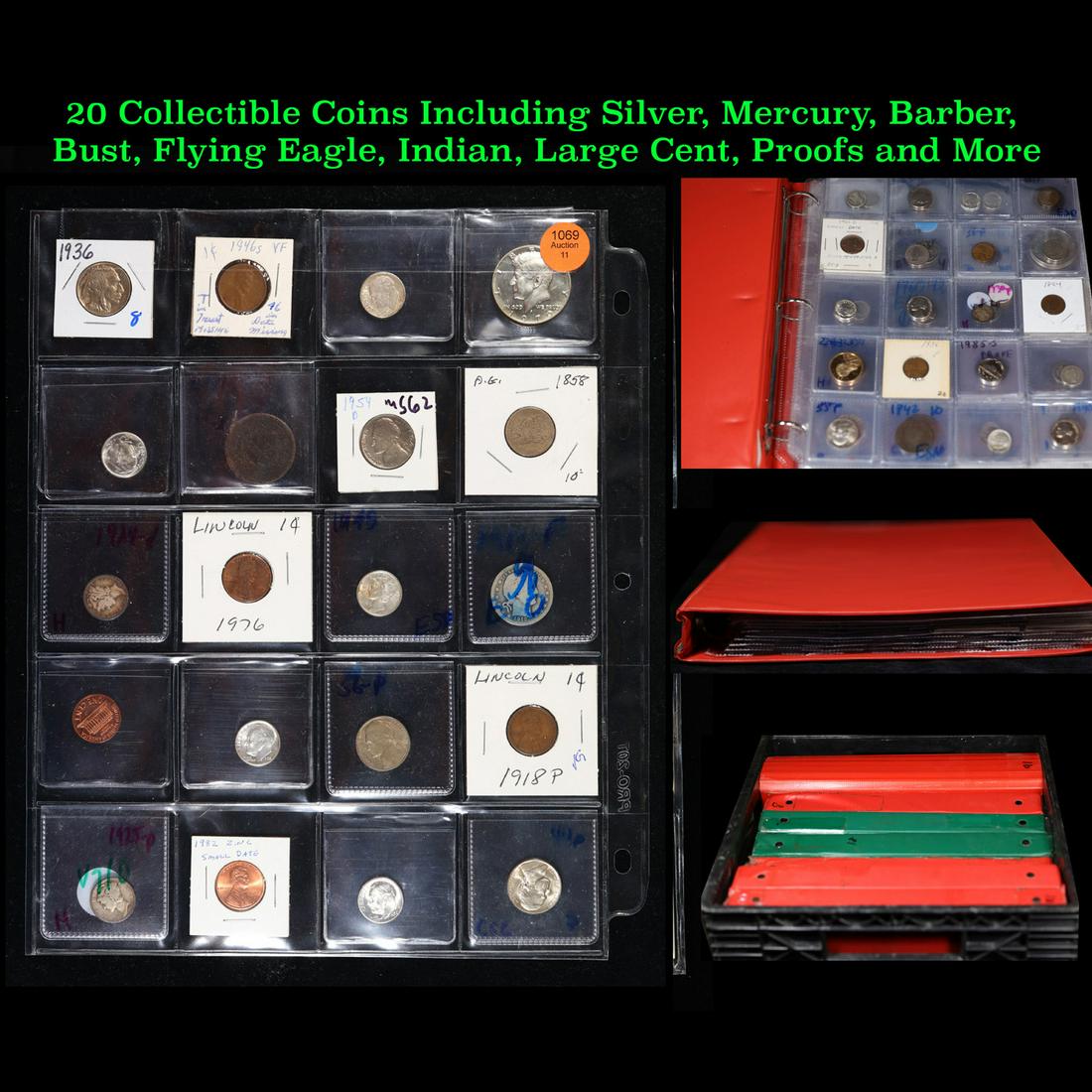 20 Collectible Coins Including Silver, Mercury, Barber, Bust, Flying Eagle, Indian, Large Cent, (1 of 6)