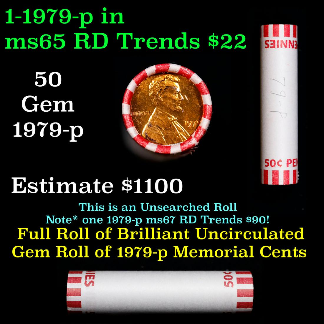 Shotgun Lincoln 1c roll, 1979-p 50 pcs Bank Wrapper.: Shotgun Lincoln 1c roll, 1979-p 50 pcs Bank Wrapper.. A terrific Shotgun roll of Lincoln cents. Most if not all coin should be cherry red.