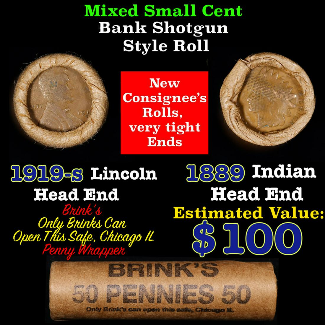 Mixed small cents 1c orig shotgun roll, 1919-s Wheat Cent, 1889 Indian Cent other end, Brandt (1 of 3)