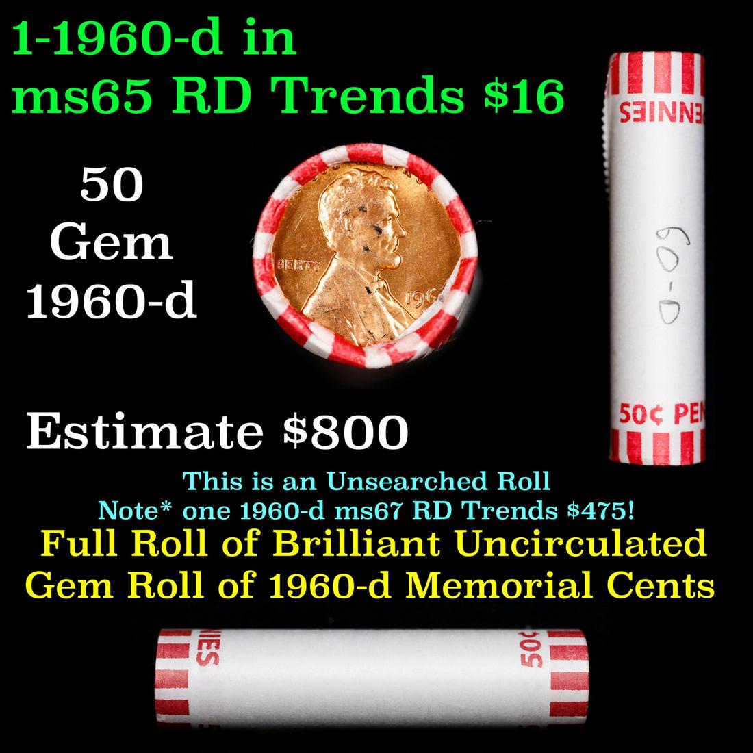 Shotgun Lincoln 1c roll, 1960-d 50 pcs Bank Wrapper.: Shotgun Lincoln 1c roll, 1960-d 50 pcs Bank Wrapper.. A terrific Shotgun roll of Lincoln cents. Most if not all coin should be cherry red.