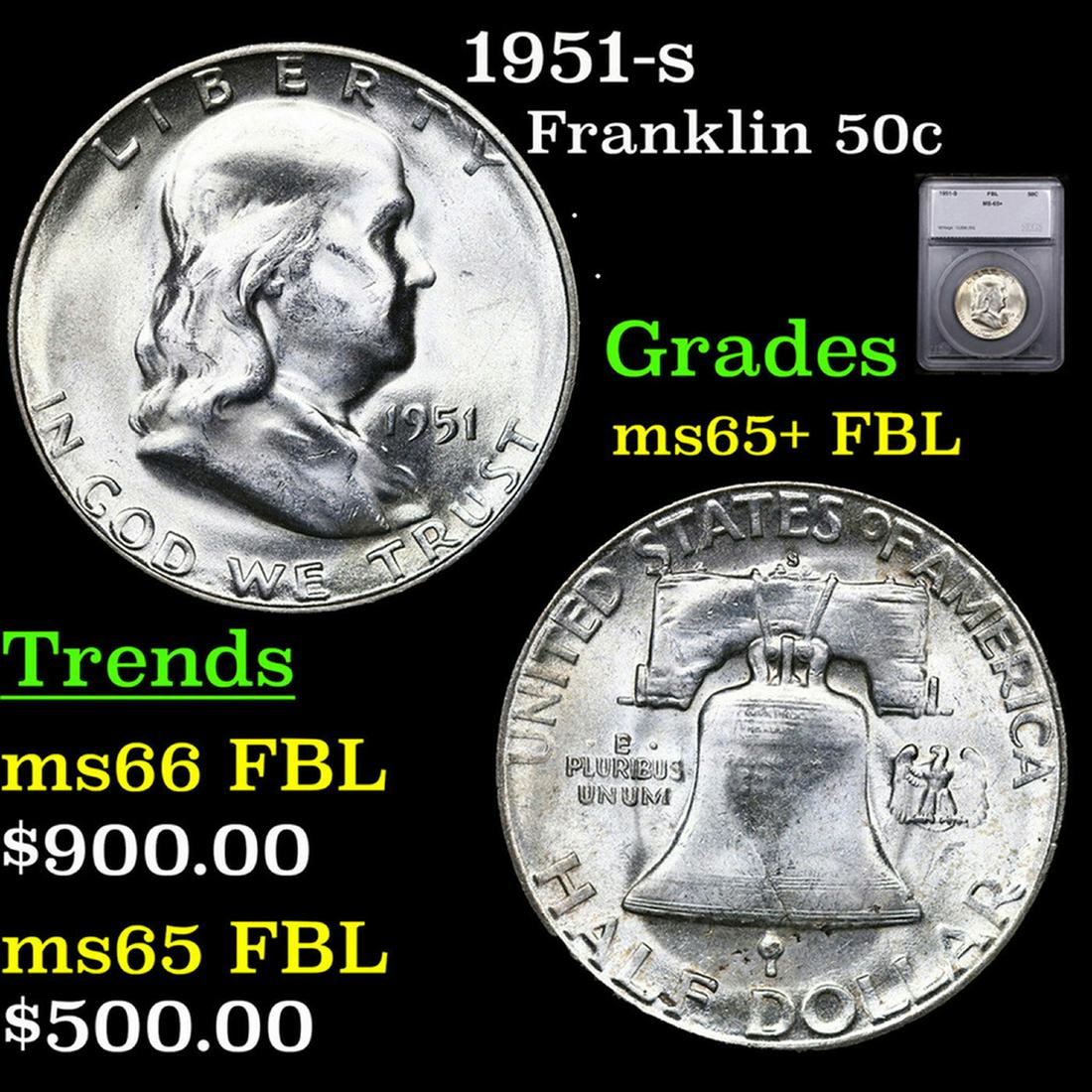 1951-s Franklin Half Dollar 50c Graded ms65+ FBL By SEGS (1 of 5)
