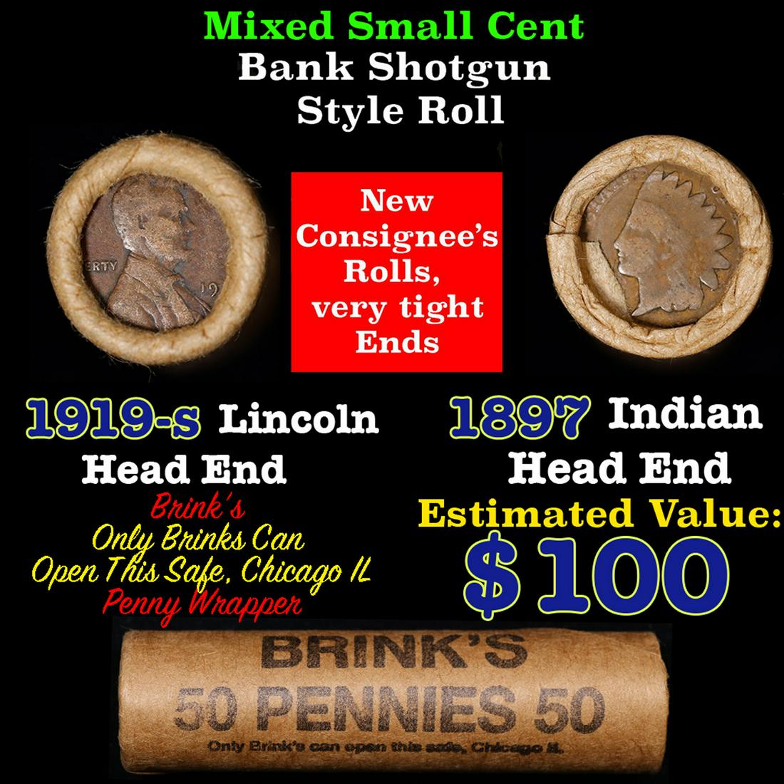Mixed small cents 1c orig shotgun roll, 1919-s Wheat Cent, 1897 Indian Cent other end, Brandt (1 of 3)