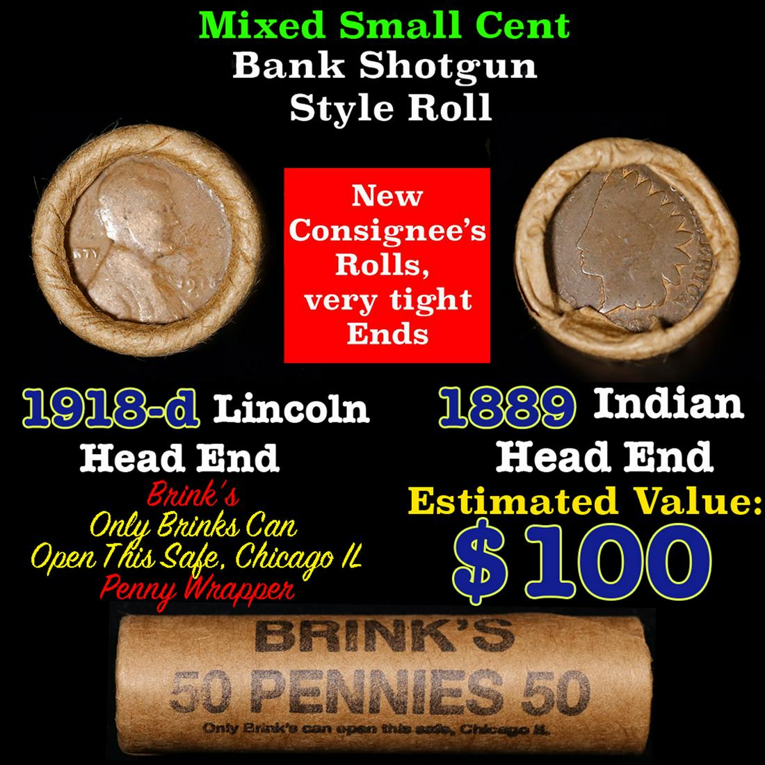 Mixed small cents 1c orig shotgun roll, 1918-d Wheat Cent, 1889 Indian Cent other end, Brandt (1 of 3)