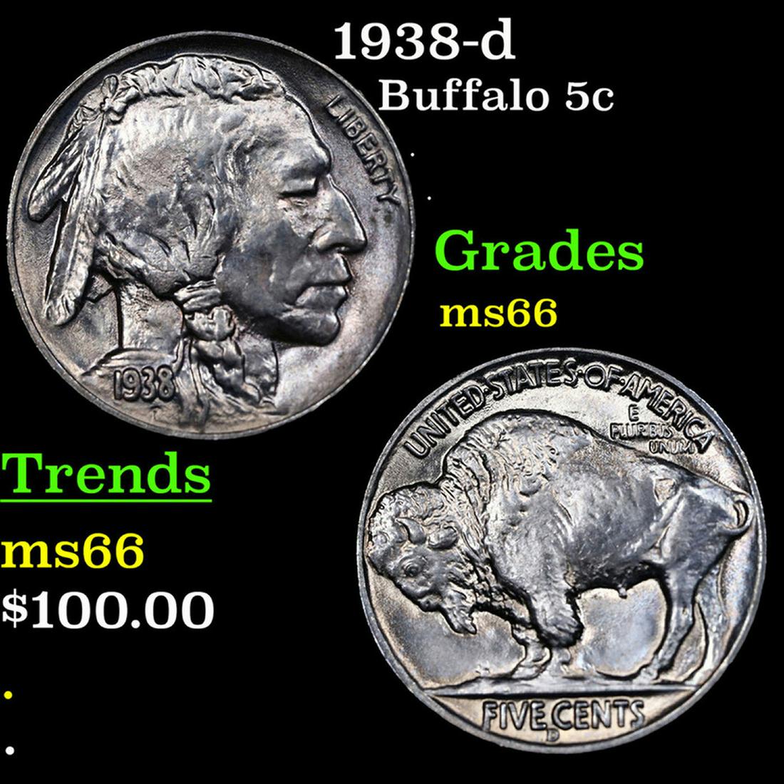 1938-d Buffalo Nickel 5c Grades GEM+ Unc (1 of 3)