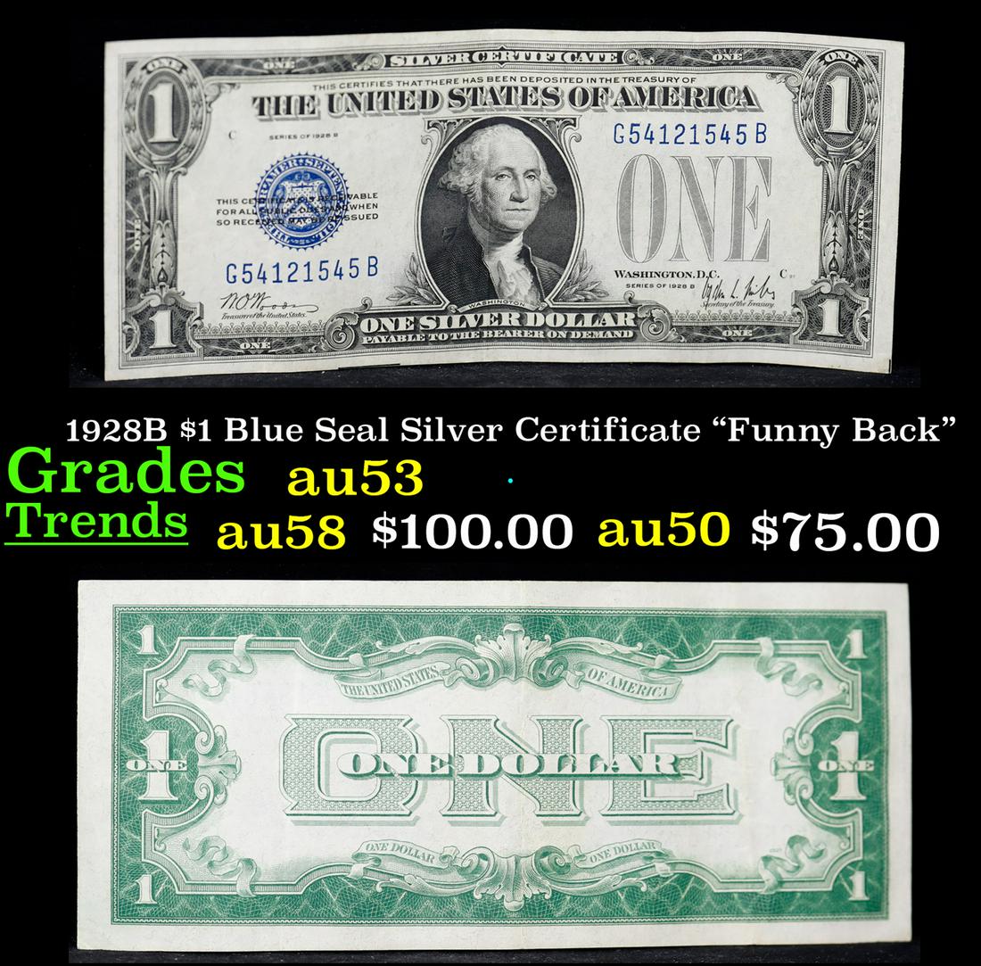 1928B $1 Blue Seal Silver Certificate "Funny Back" Grades Select AU (1 of 3)