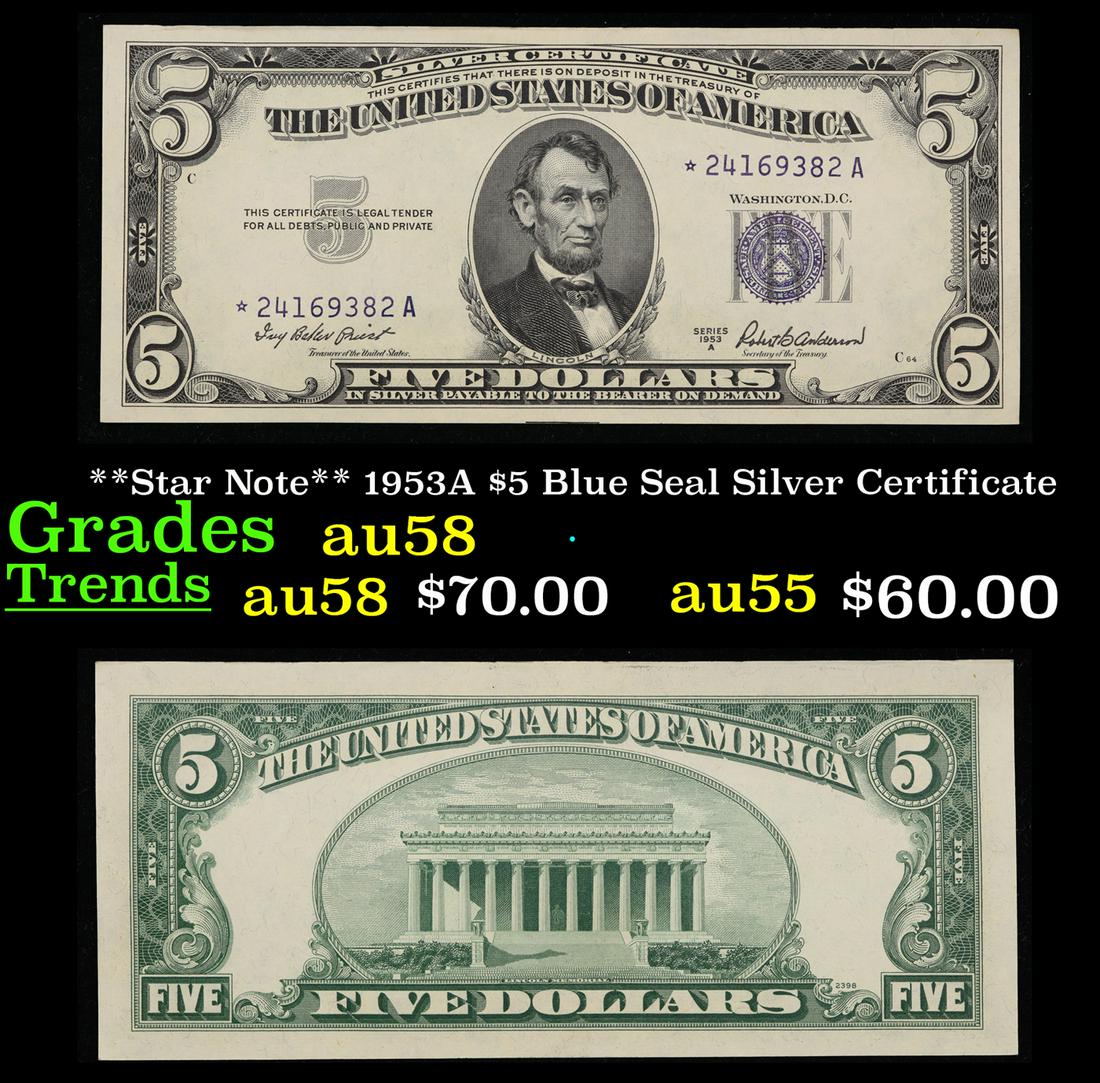 **Star Note** 1953A $5 Blue Seal Silver Certificate Choice AU/BU Slider (1 of 3)