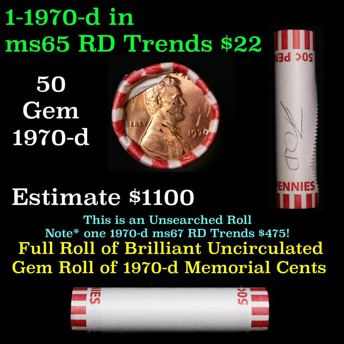 Shotgun Lincoln 1c roll, 1970-p 50 pcs Bank Wrapper.: Shotgun Lincoln 1c roll, 1970-p 50 pcs Bank Wrapper.. A terrific Shotgun roll of Lincoln cents. Most if not all coin should be cherry red.