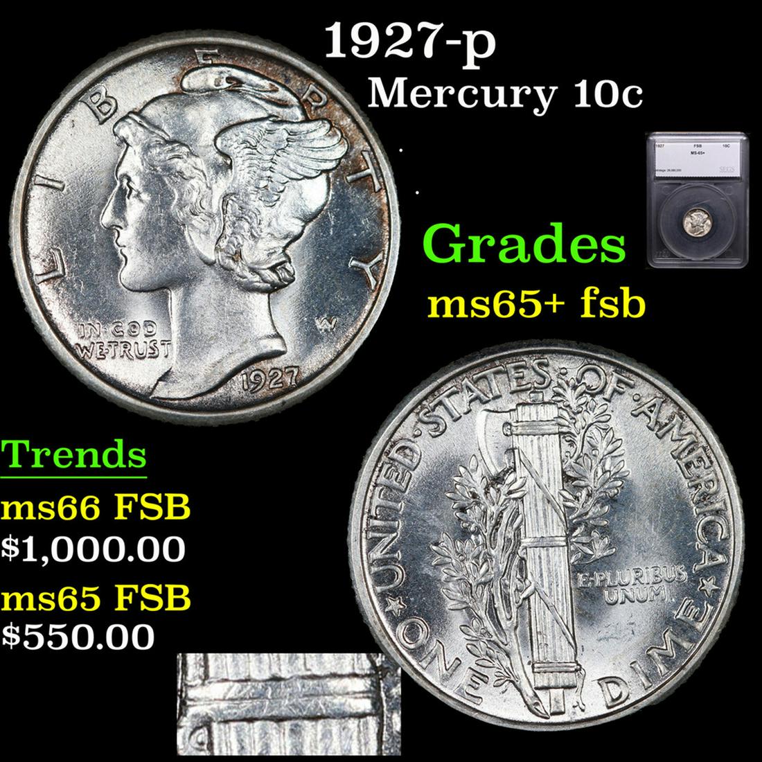 1927-p Mercury Dime 10c Graded ms65+ fsb BY SEGS (1 of 6)